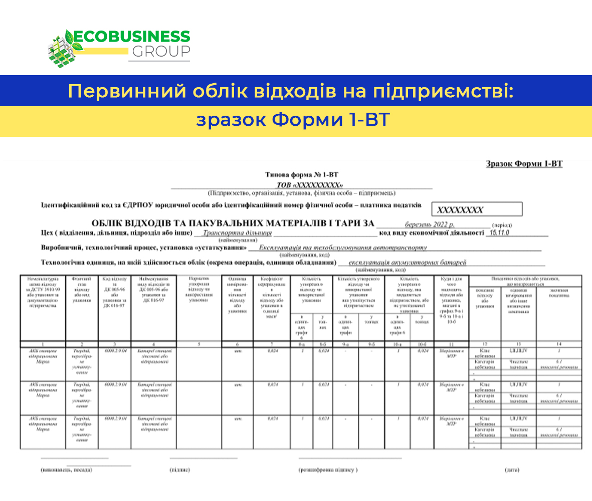 Первинний облік відходів на підприємстві: зразок заповнення Форми 1-ВТ ...